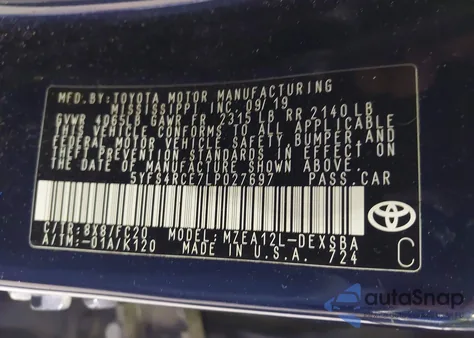 2020 Toyota Corolla Se z USA, uszkodzony, nr VIN 5YFS4RCE7LP027697